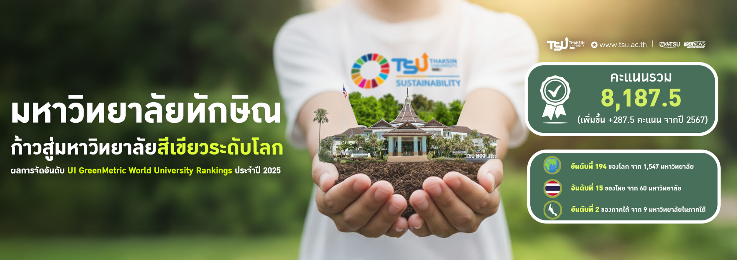 ม.ทักษิณ ก้าวสู่ระดับโลกและชั้นนำระดับชาติจากการจัดอันดับมหาวิทยาลัยสีเขียว UI GreenMetric 2025 คะแนนพุ่งสูงขึ้นอย่างต่อเนื่อง