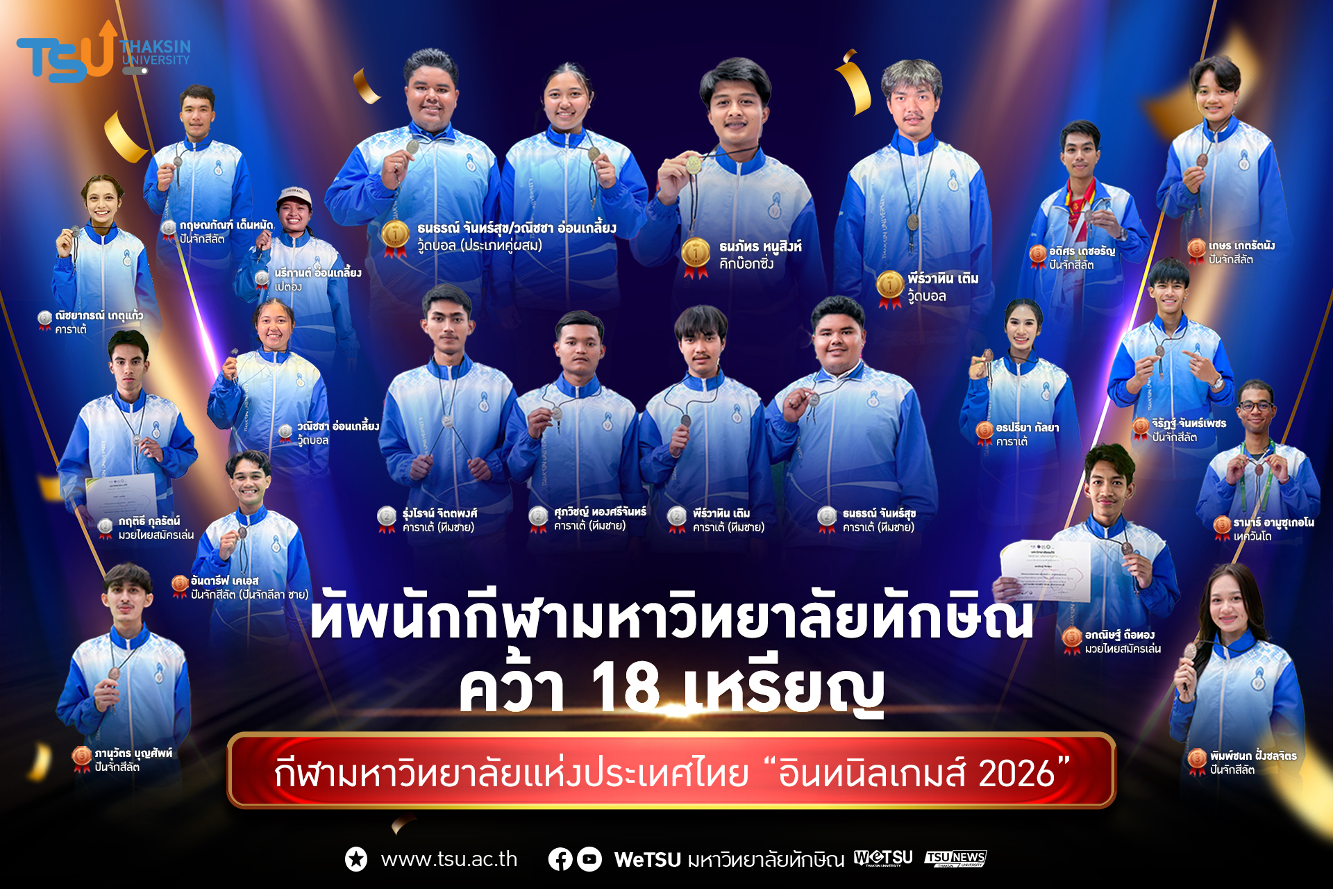 ทัพนักกีฬามหาวิทยาลัยทักษิณคว้า 18 เหรียญ กีฬามหาวิทยาลัยแห่งประเทศไทย อินทนิลเกมส์ 2026