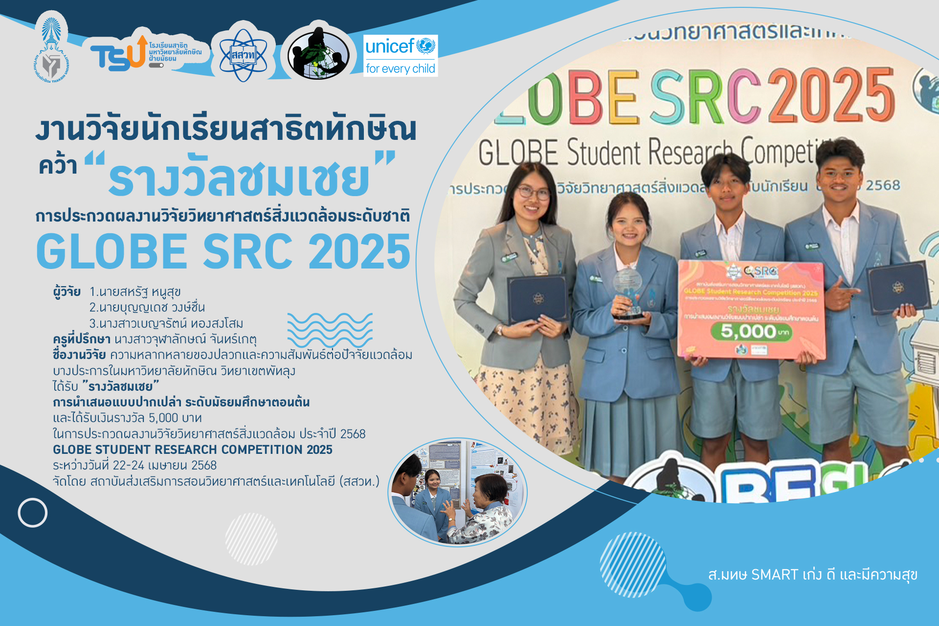 เด็กเก่ง สาธิตทักษิณ คว้าชมเชยวิจัยสิ่งแวดล้อม จากเวทีระดับชาติ GLOBE Student Research Competition 2025