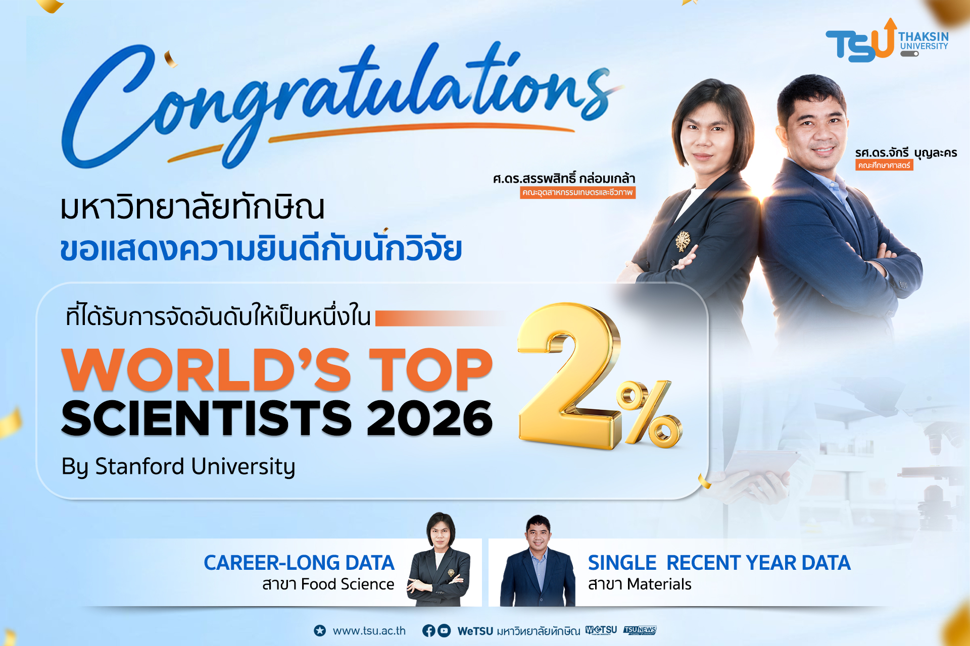 มหาวิทยาลัยทักษิณ ขอแสดงความยินดีกับนักวิจัย ที่ได้รับการจัดอันดับให้เป็นหนึ่งใน WORLD S TOP 2% SCIENTISTS 2026